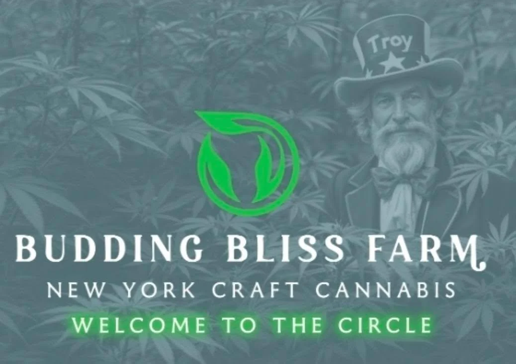 Budding Bliss Farm logo and New York craft cannabis artwork.