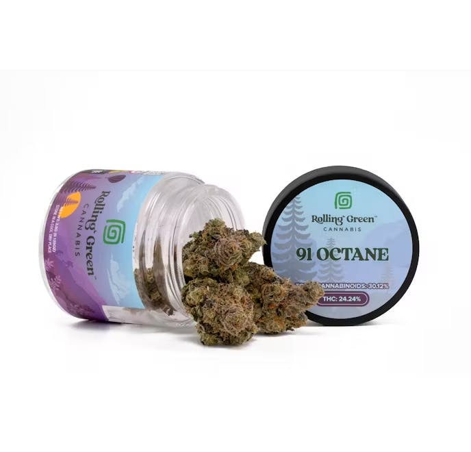 Rolling Green flower jar with cannabis buds.