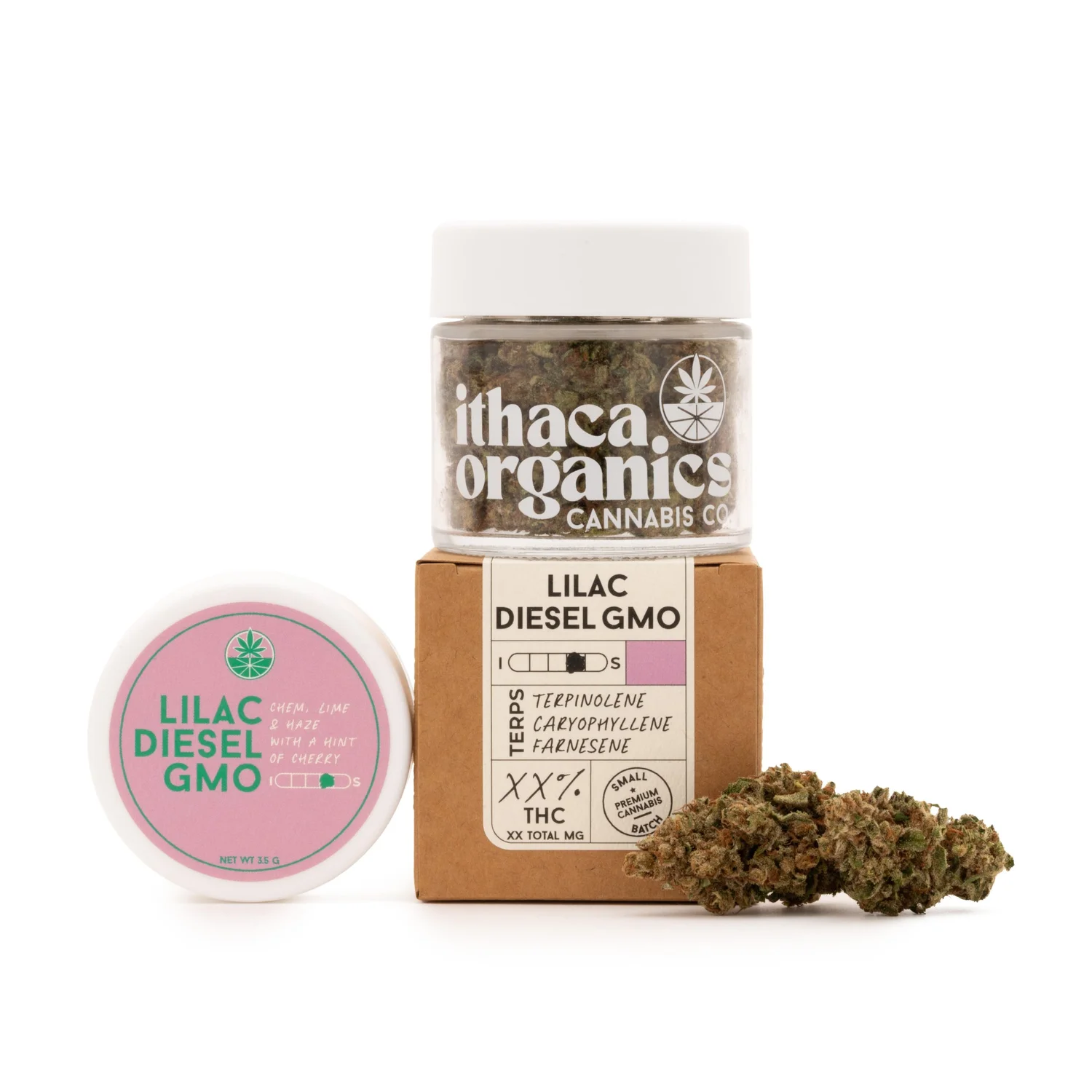 Ithaca Organics Lilac Diesel GMO jar and flower.