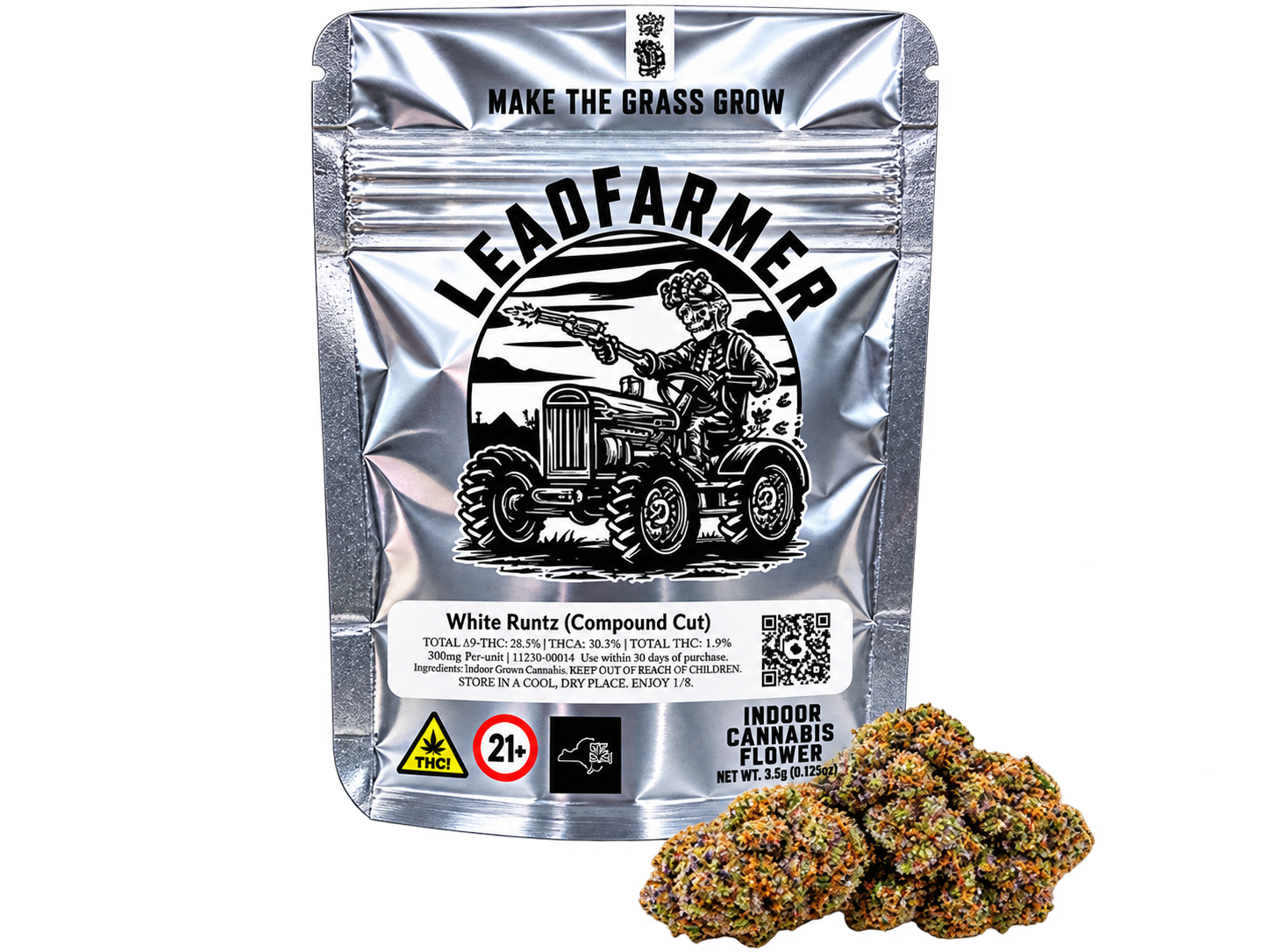 Lead Farmer silver flower pouch and cannabis buds for the 25% off Lead Farmer craft cannabis deal.