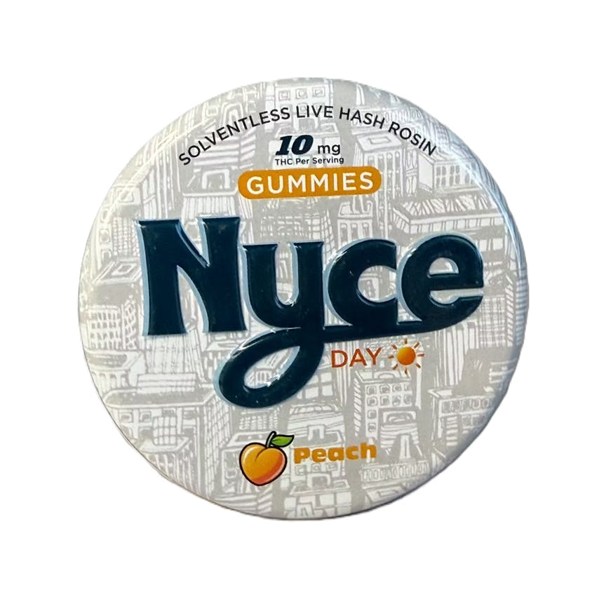 NYCE peach solventless live hash rosin gummies for the 30% off NYCE rosin gummies deal.